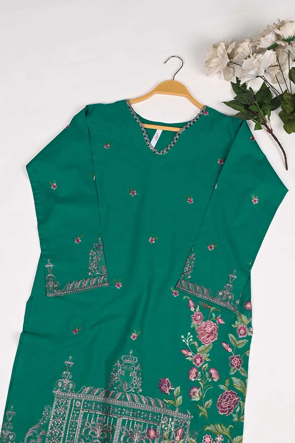 3SP-17A-Green - 3PC COTTON EMBROIDERED Dress With Chiffon Embroidered Dupatta