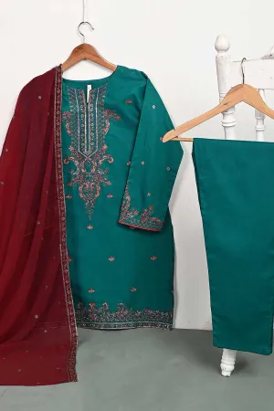 3SP-5A-TURQUOISE - 3PC COTTON EMBROIDERED Dress With Chiffon Embroidered Dupatta