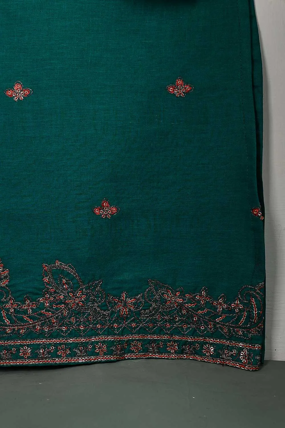 3SP-5A-TURQUOISE - 3PC COTTON EMBROIDERED Dress With Chiffon Embroidered Dupatta