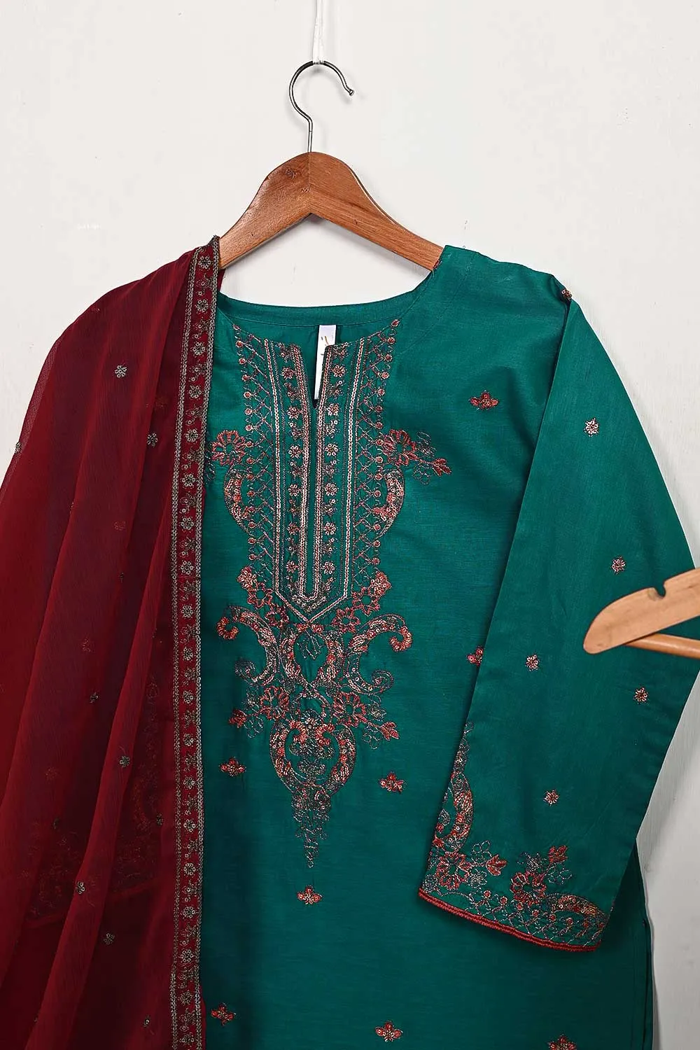 3SP-5A-TURQUOISE - 3PC COTTON EMBROIDERED Dress With Chiffon Embroidered Dupatta