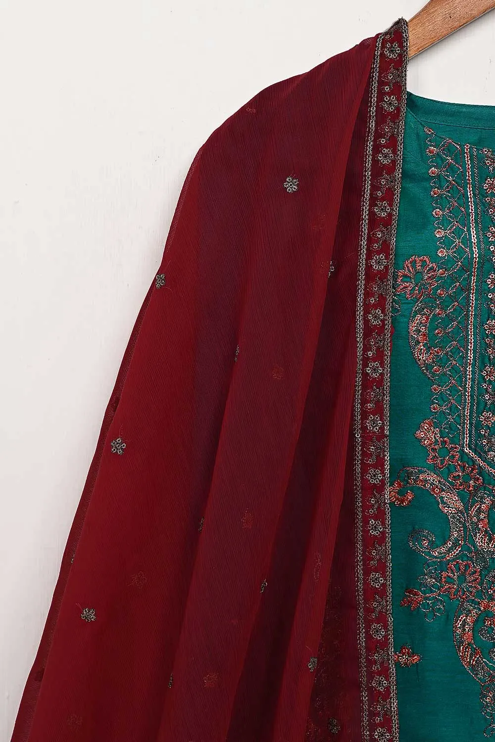 3SP-5A-TURQUOISE - 3PC COTTON EMBROIDERED Dress With Chiffon Embroidered Dupatta