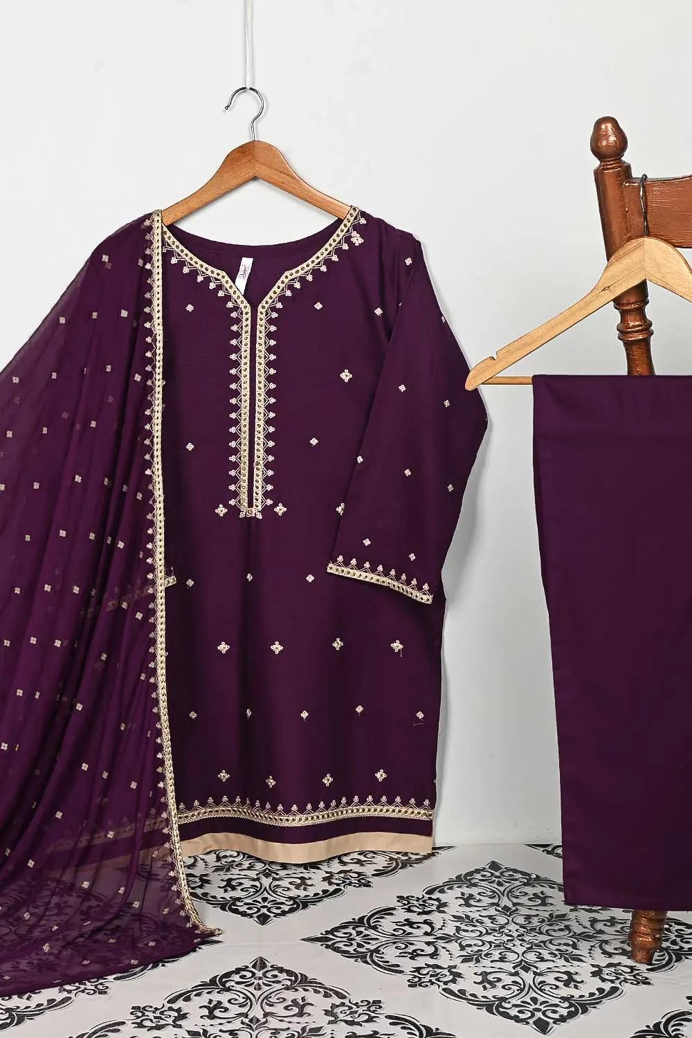 3SP-8B-Purple - 3PC COTTON EMBROIDERED Dress With Chiffon Embroidered Dupatta