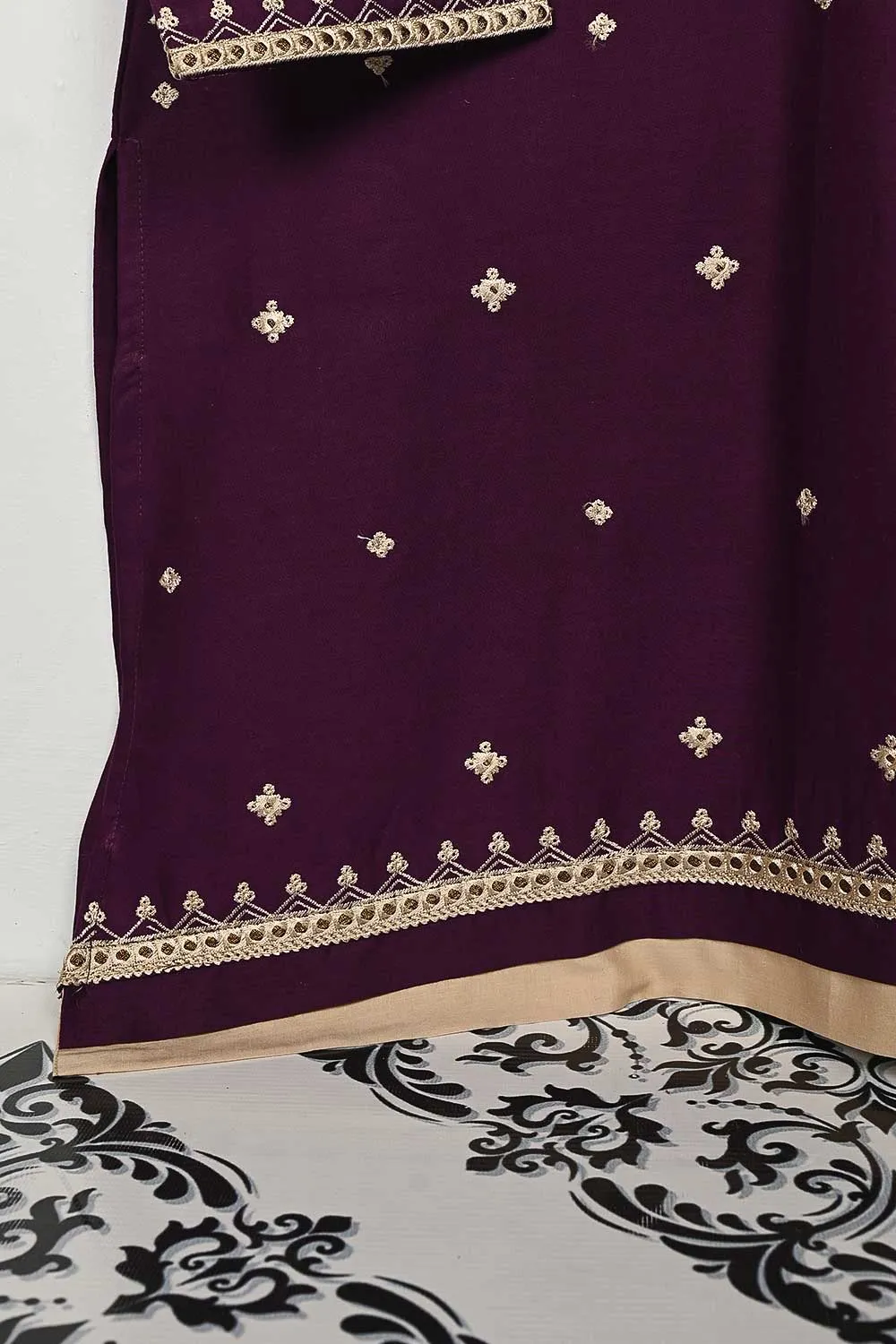 3SP-8B-Purple - 3PC COTTON EMBROIDERED Dress With Chiffon Embroidered Dupatta