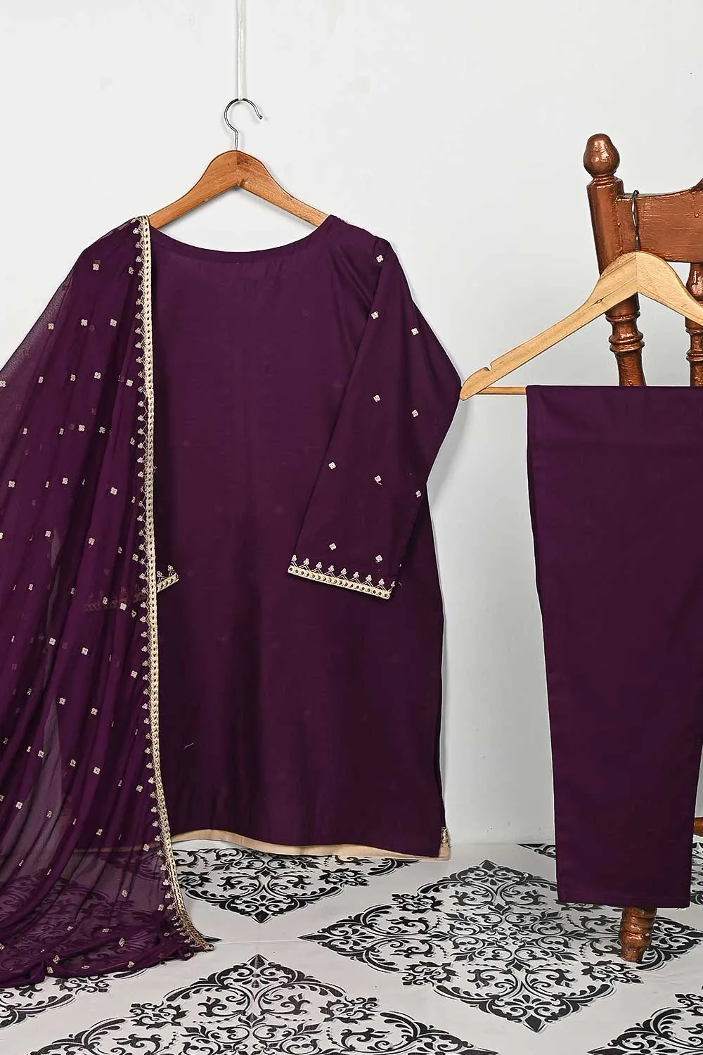 3SP-8B-Purple - 3PC COTTON EMBROIDERED Dress With Chiffon Embroidered Dupatta