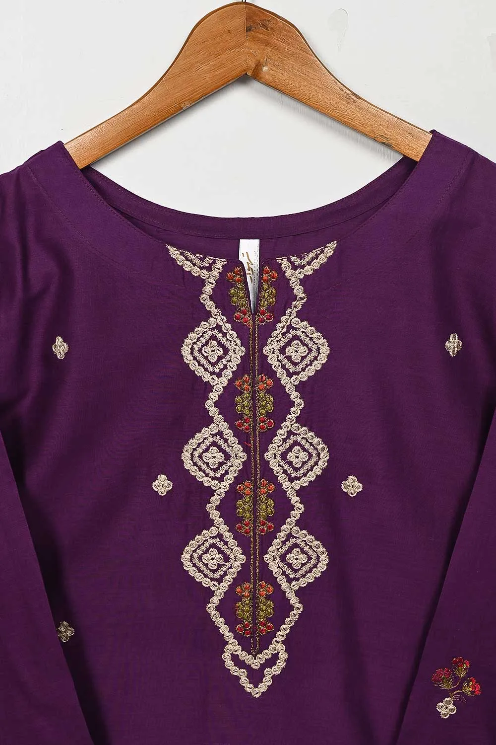 3SP-9B-Purple - 3PC COTTON EMBROIDERED Dress With Chiffon Embroidered Dupatta