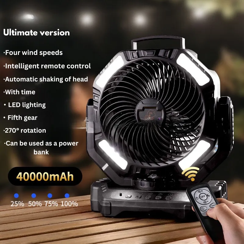 40000mAh Rechargeable Battery Operated Fan, Portable 4 Timers USB Fan, Auto-Oscillating Desk Fan with Remote & Hook & LED Light