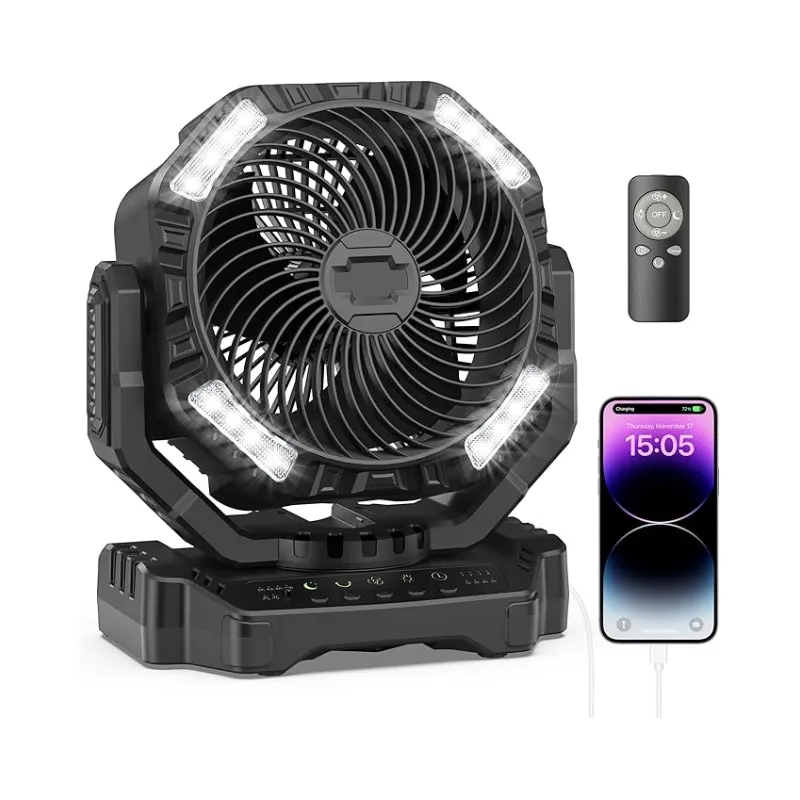40000mAh Rechargeable Battery Operated Fan, Portable 4 Timers USB Fan, Auto-Oscillating Desk Fan with Remote & Hook & LED Light