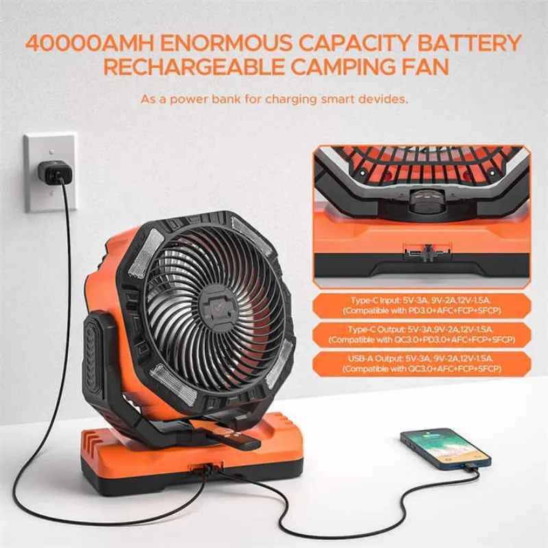 40000mAh Rechargeable Battery Operated Fan, Portable 4 Timers USB Fan, Auto-Oscillating Desk Fan with Remote & Hook & LED Light