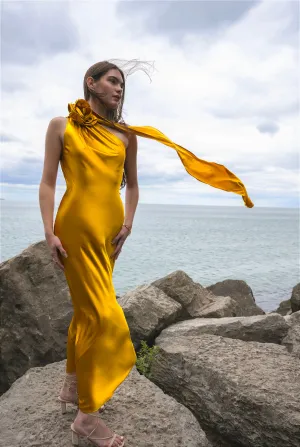Amal Silk Slip Dress with Floral Corsage