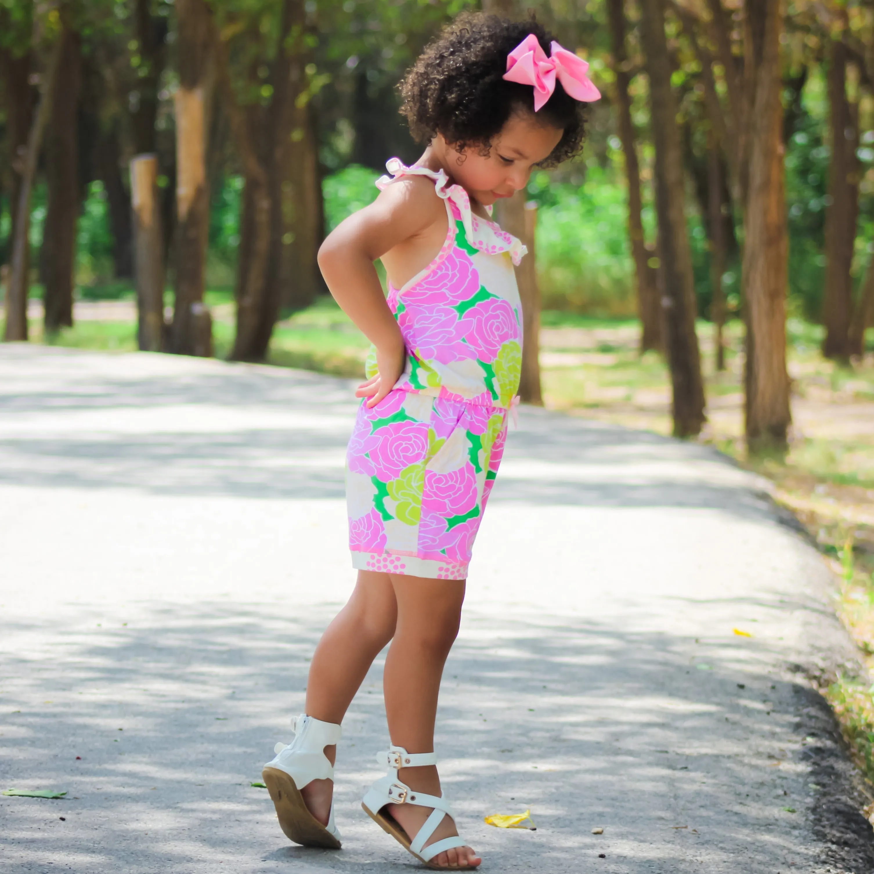 AnnLoren Girls Pink Bloom Floral Shorts Jumpsuit Summer One Piece Outfit