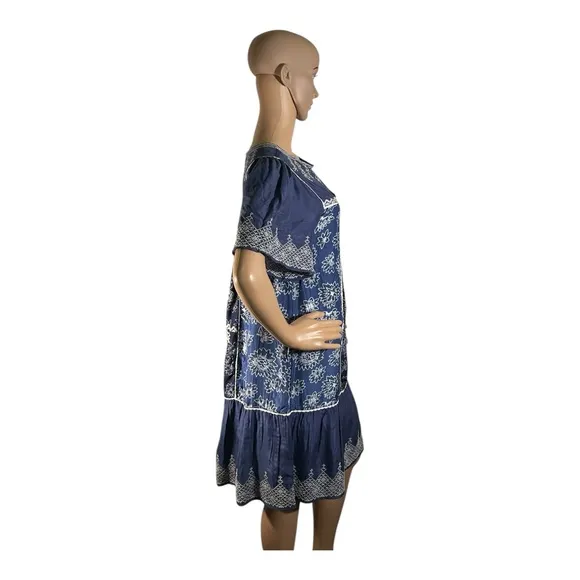 Anthropologie Let Me Be Women’s Blue White  Embroidered Tassels Dress Size L