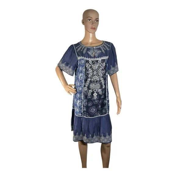 Anthropologie Let Me Be Women’s Blue White  Embroidered Tassels Dress Size L