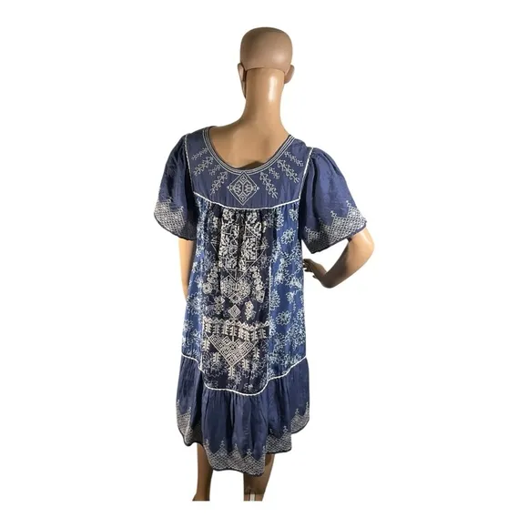 Anthropologie Let Me Be Women’s Blue White  Embroidered Tassels Dress Size L