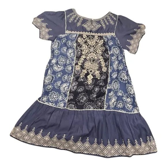 Anthropologie Let Me Be Women’s Blue White  Embroidered Tassels Dress Size L