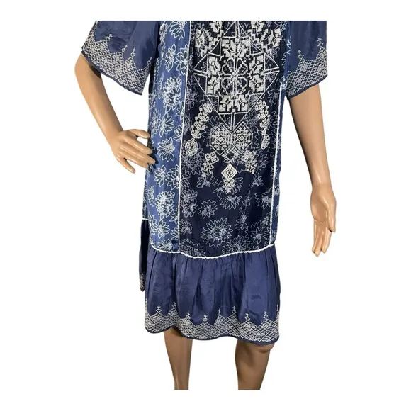 Anthropologie Let Me Be Women’s Blue White  Embroidered Tassels Dress Size L
