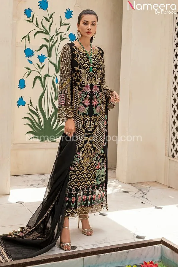 Baroque Embroidered Chiffon Dress in Black Color #PF60