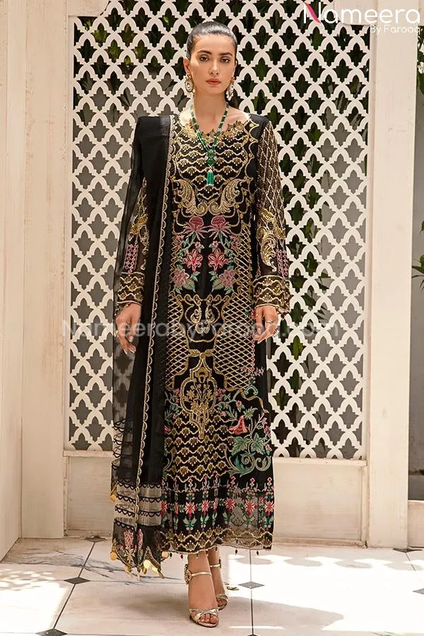 Baroque Embroidered Chiffon Dress in Black Color #PF60