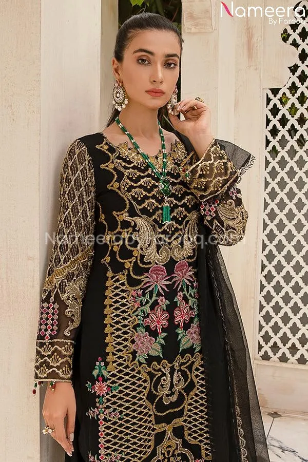 Baroque Embroidered Chiffon Dress in Black Color #PF60