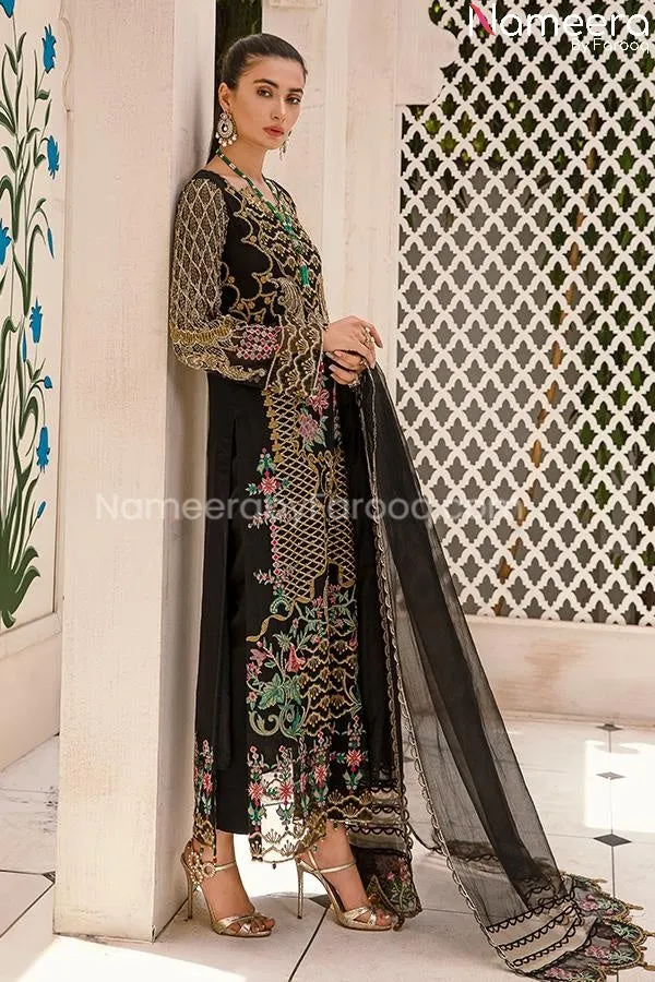 Baroque Embroidered Chiffon Dress in Black Color #PF60