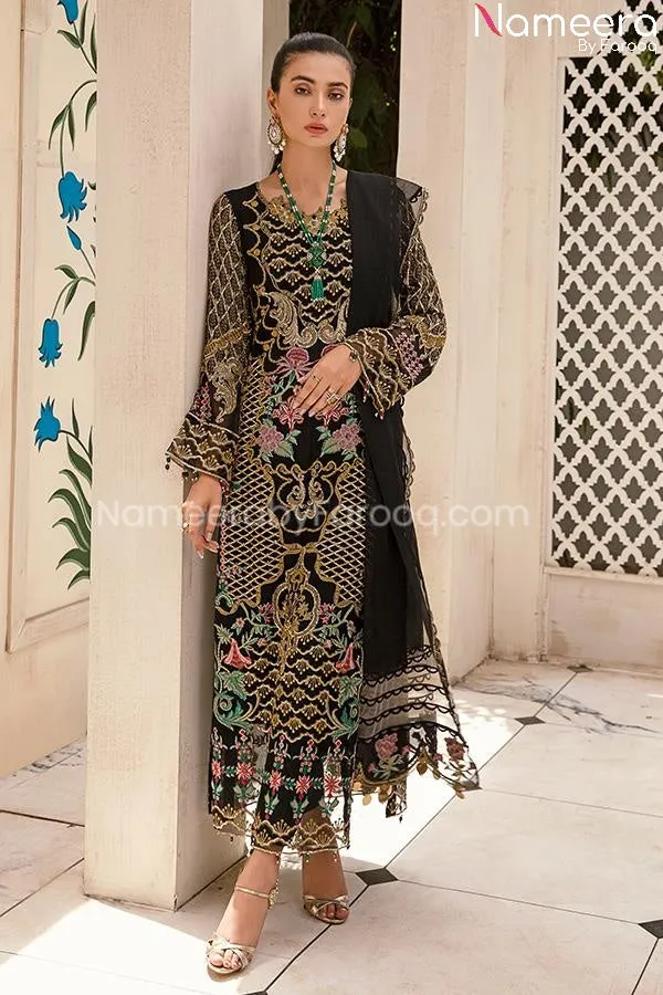 Baroque Embroidered Chiffon Dress in Black Color #PF60