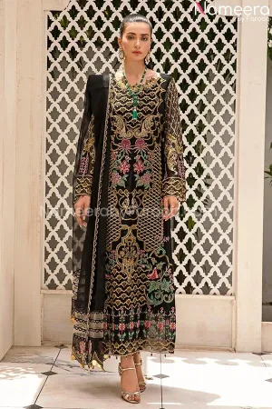Baroque Embroidered Chiffon Dress in Black Color #PF60