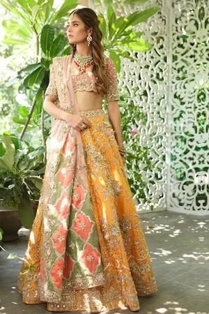 Beautiful embroidered mehndi outfit in yellow and peach color # B3436