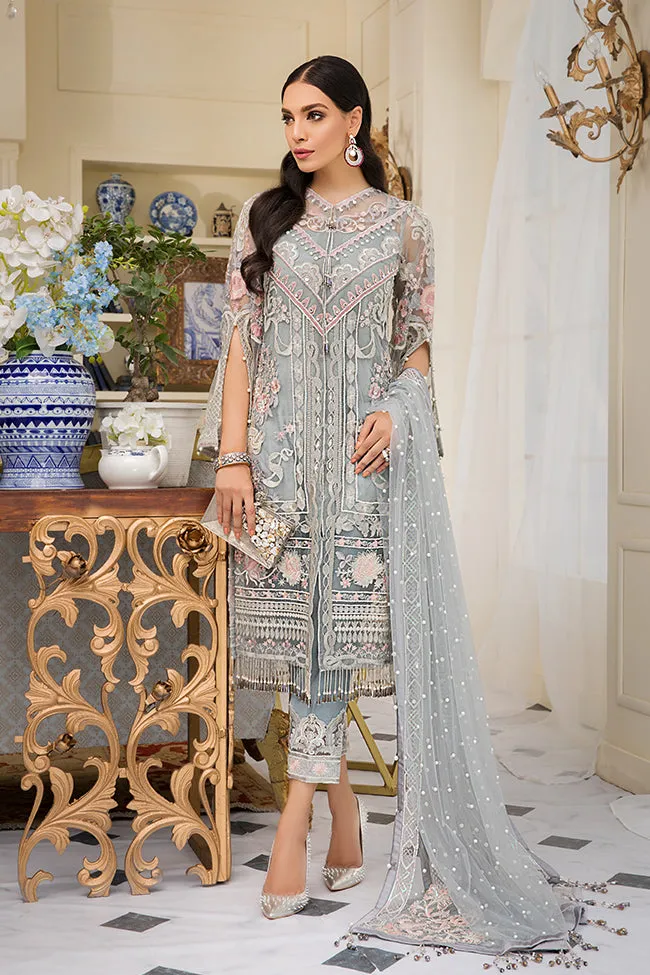Beautiful Pakistani embroidered net outfit in silver grey color # P2331