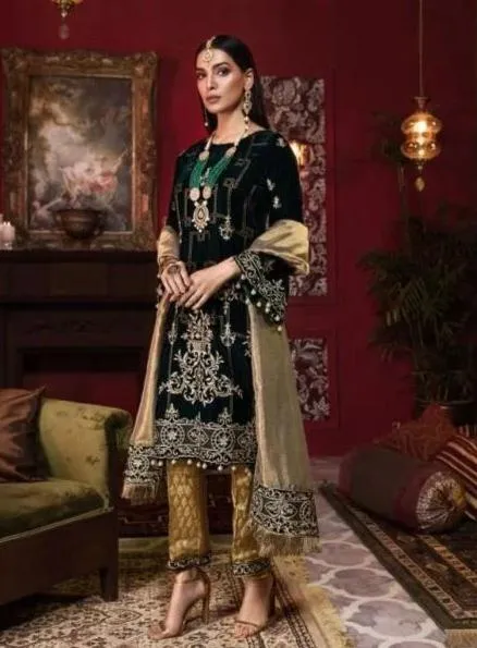 Beautiful Pakistani velvet embroidered outfit in elegant black color # P2455