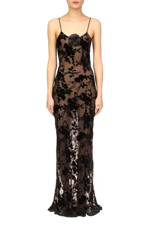 Black Burnout Velvet Slip Gown With Silk Flower Pin