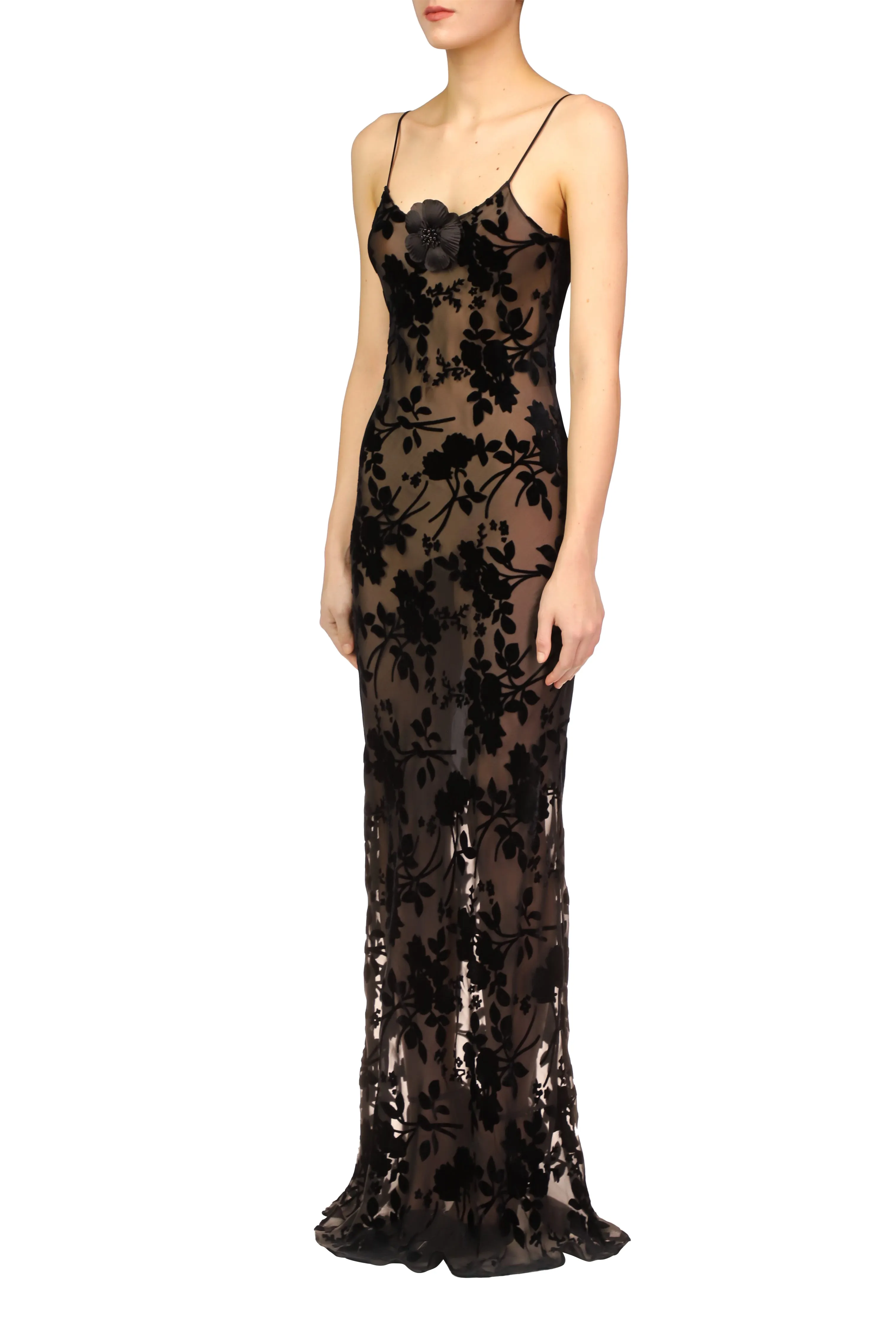 Black Burnout Velvet Slip Gown With Silk Flower Pin