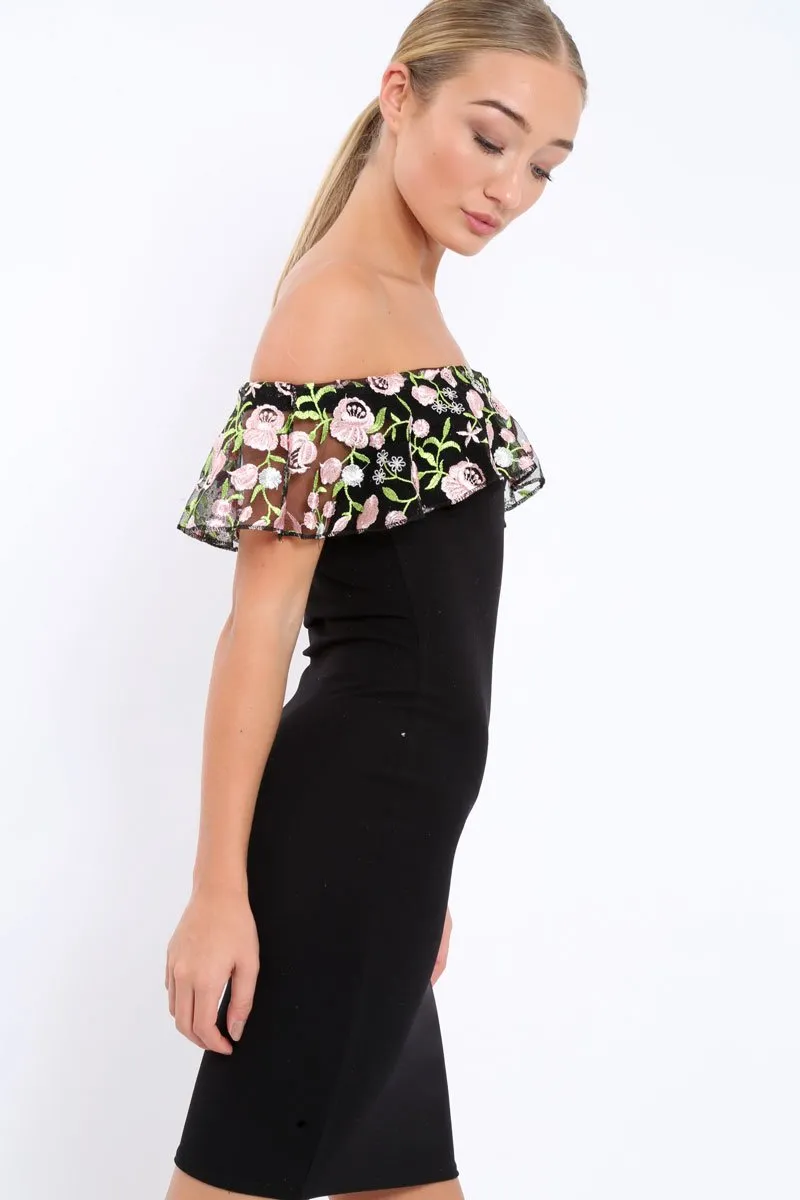 Black Embroidered Bardot Bodycon Dress - Jaxie