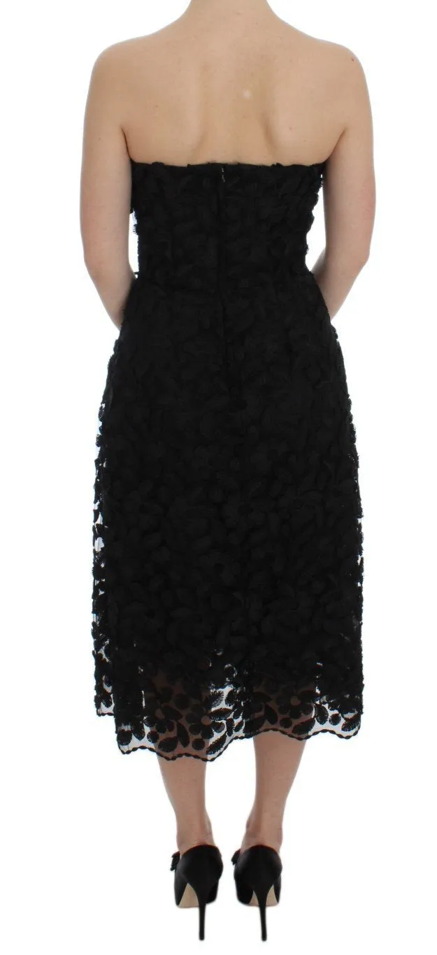Black Floral Lace Shift Midi A-Line Dress