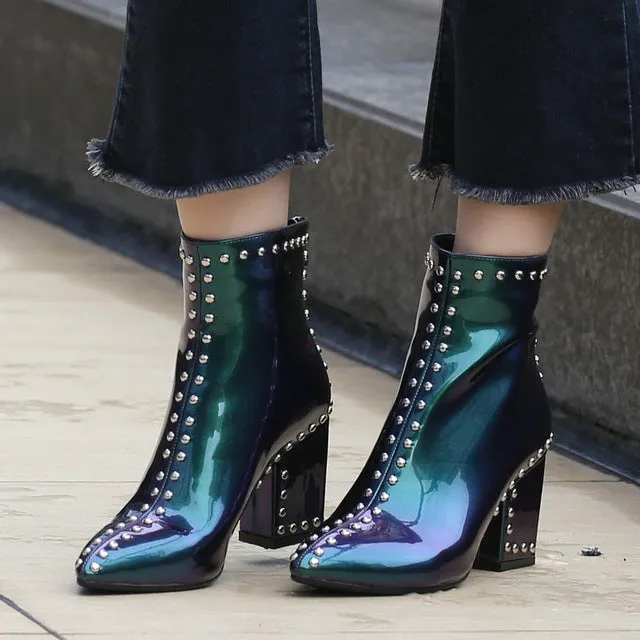 Black Green Pointed Toe Studded Ankle Boots for Women