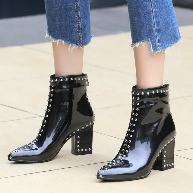 Black Green Pointed Toe Studded Ankle Boots for Women