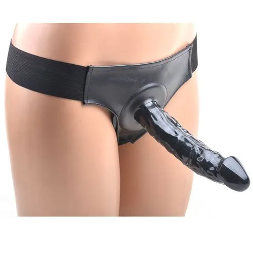 Black Hollow Strap On With Harness 8 Inch