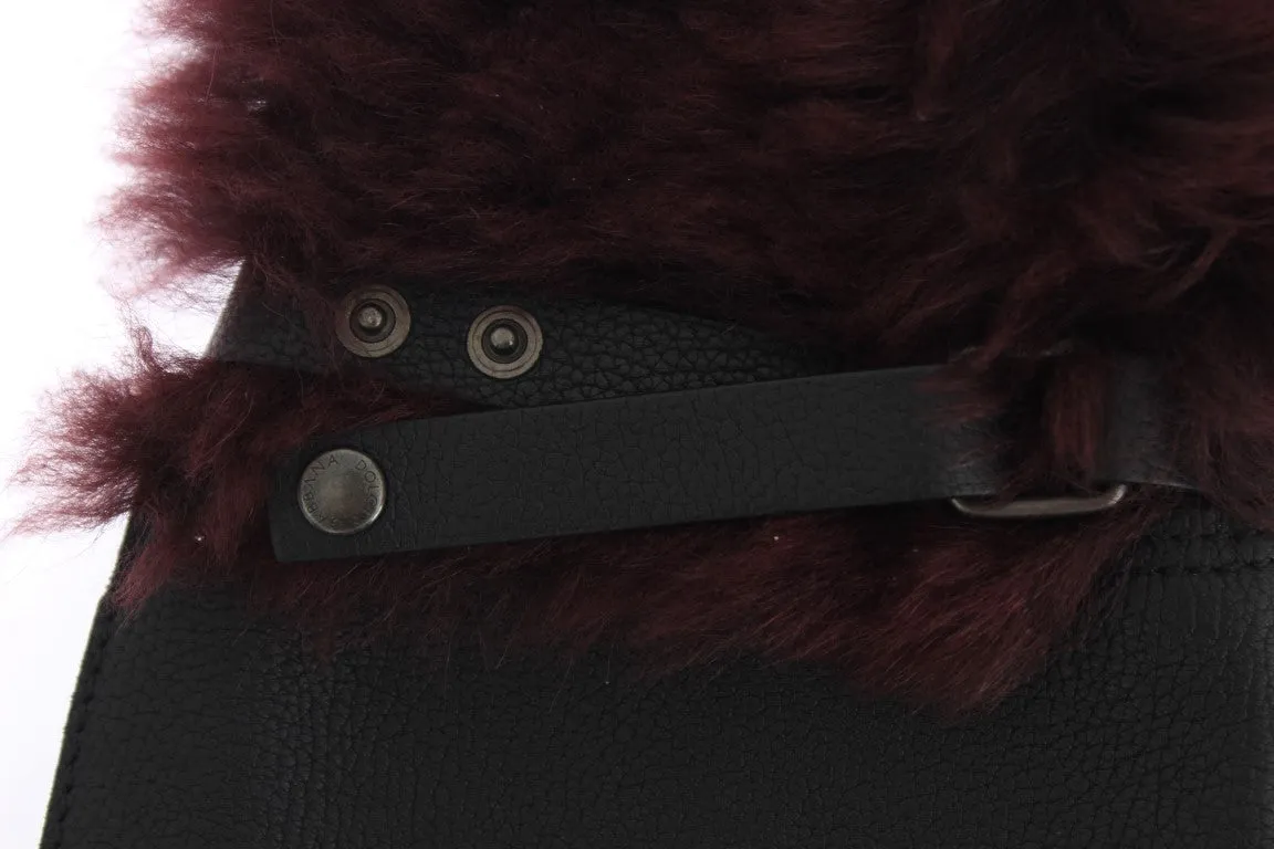 Black Leather Bordeaux Shearling Gloves