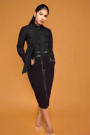 Black Leather Trimmed Pencil Skirt