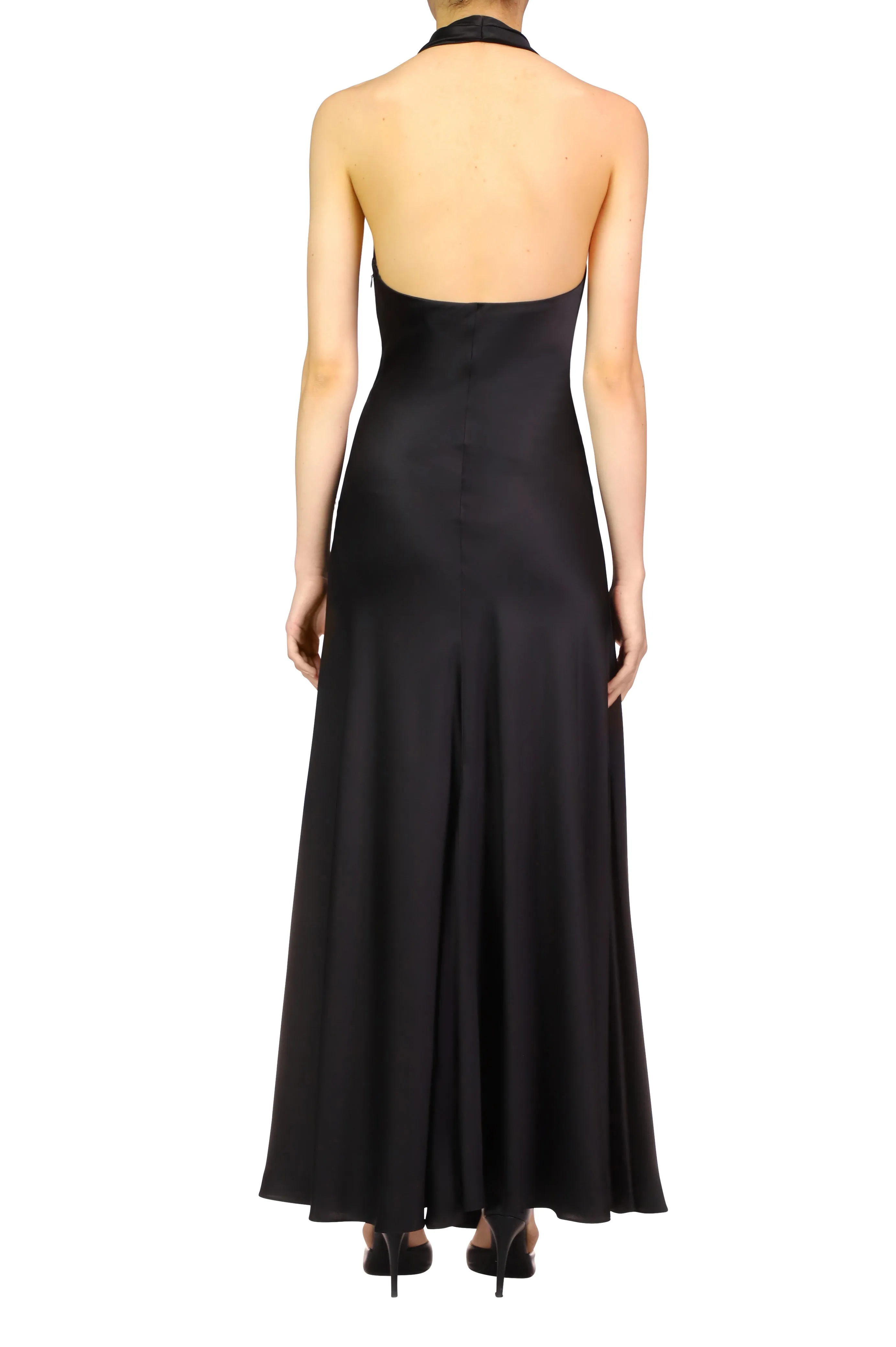 Black Silk Satin Halter Dress With Silk Flower Pin