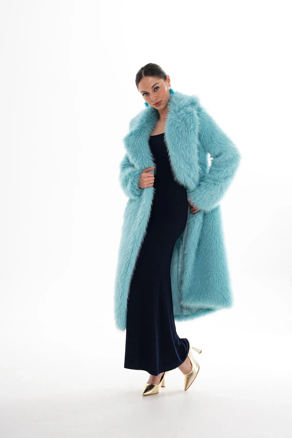 Blue Long Faux Fur Coat