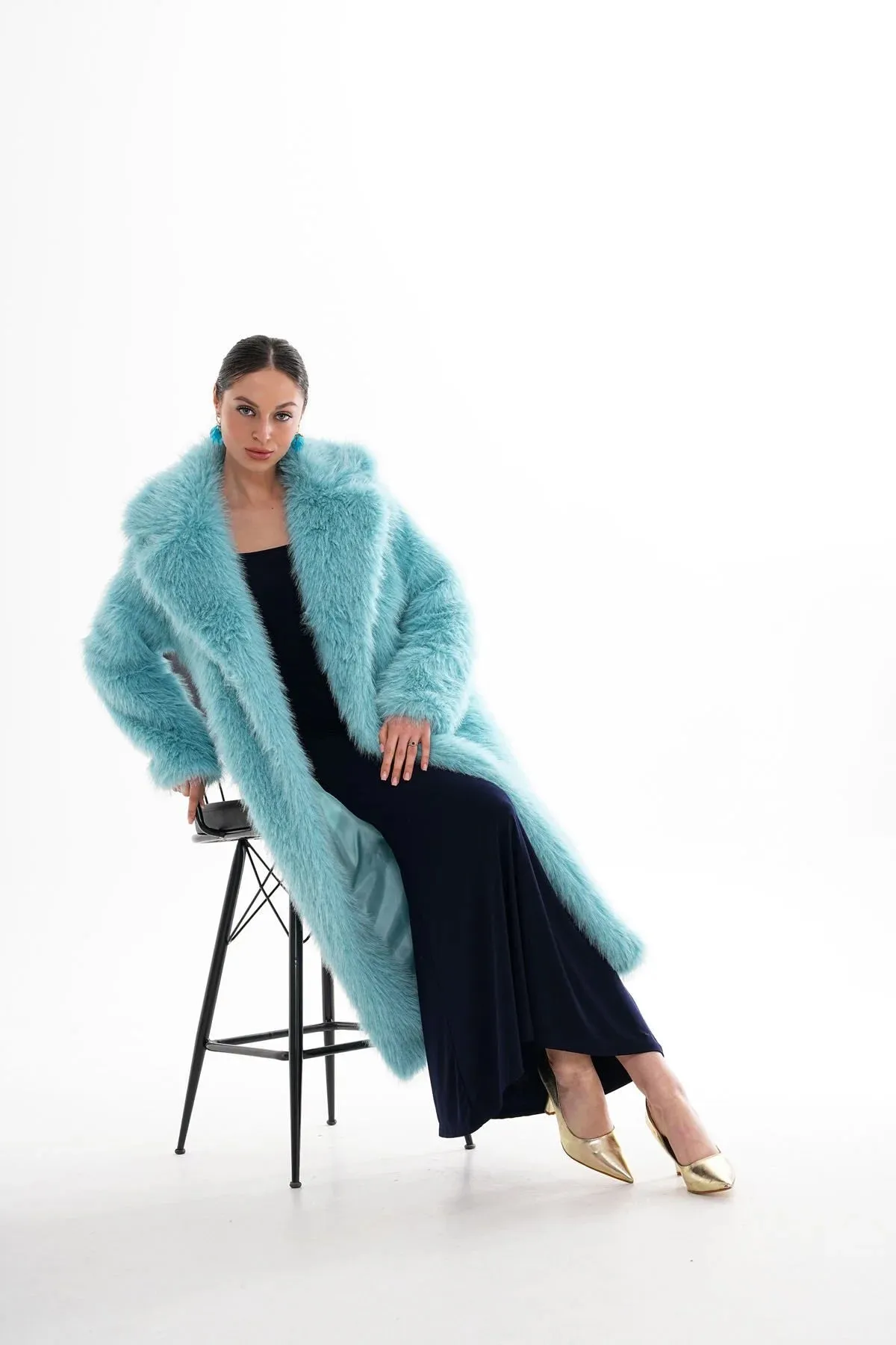 Blue Long Faux Fur Coat
