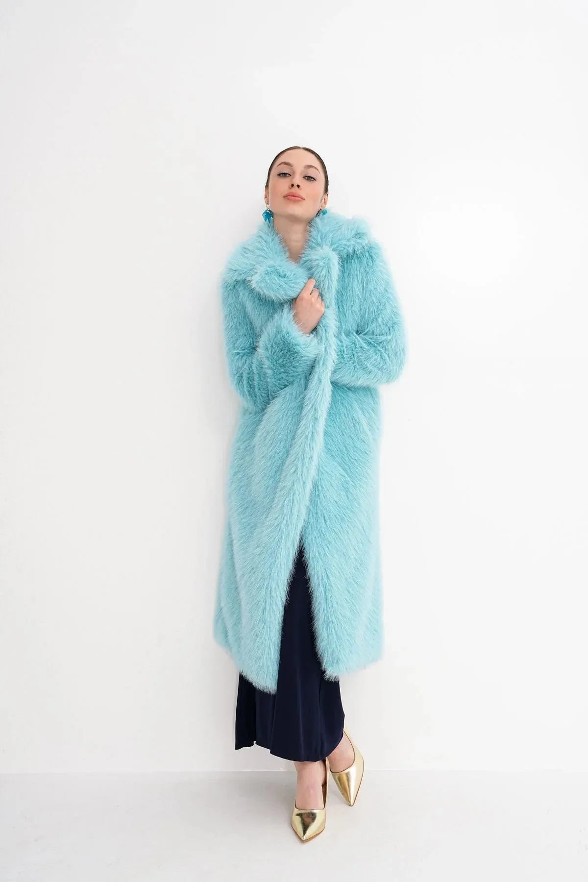 Blue Long Faux Fur Coat