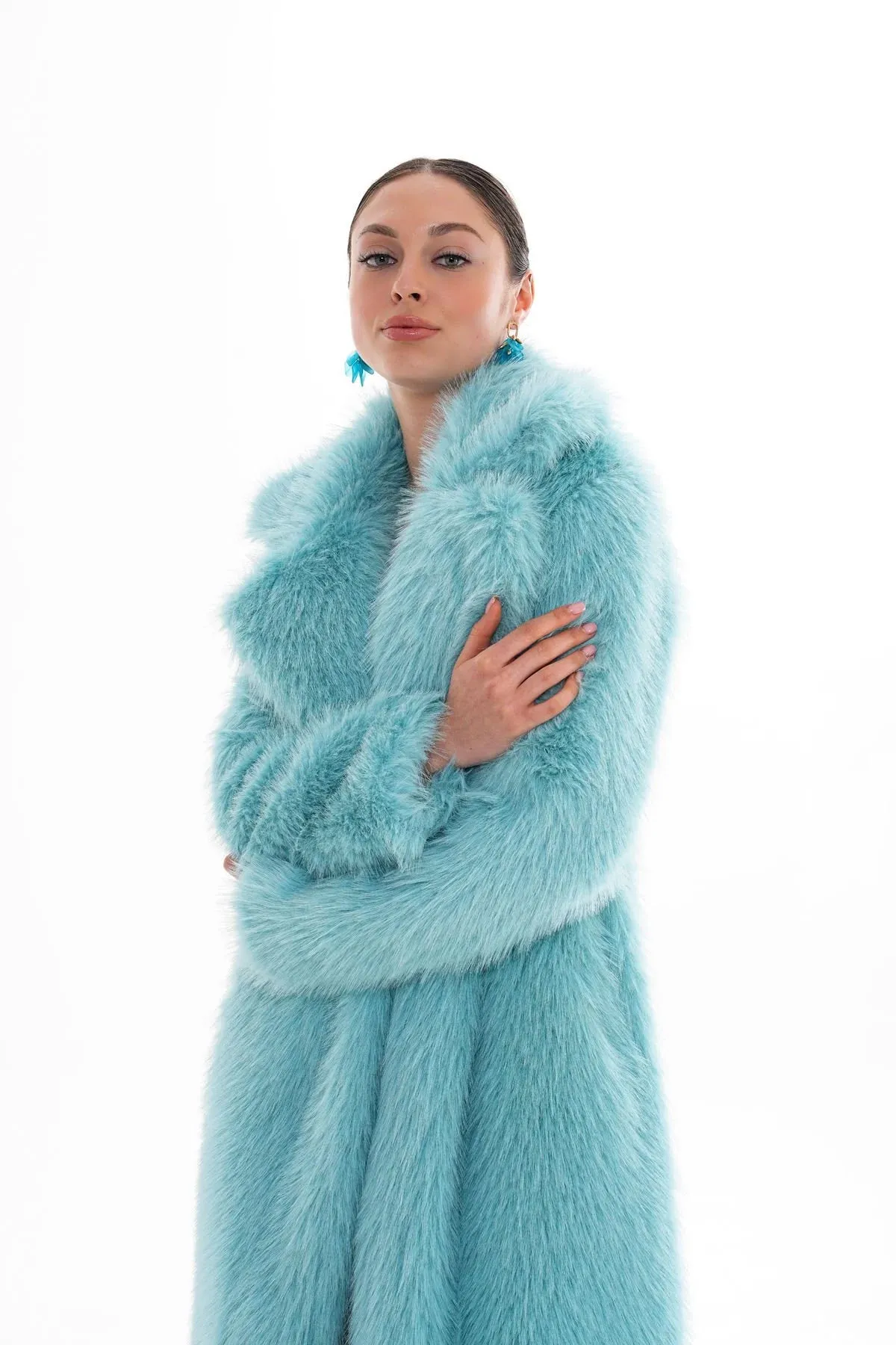 Blue Long Faux Fur Coat
