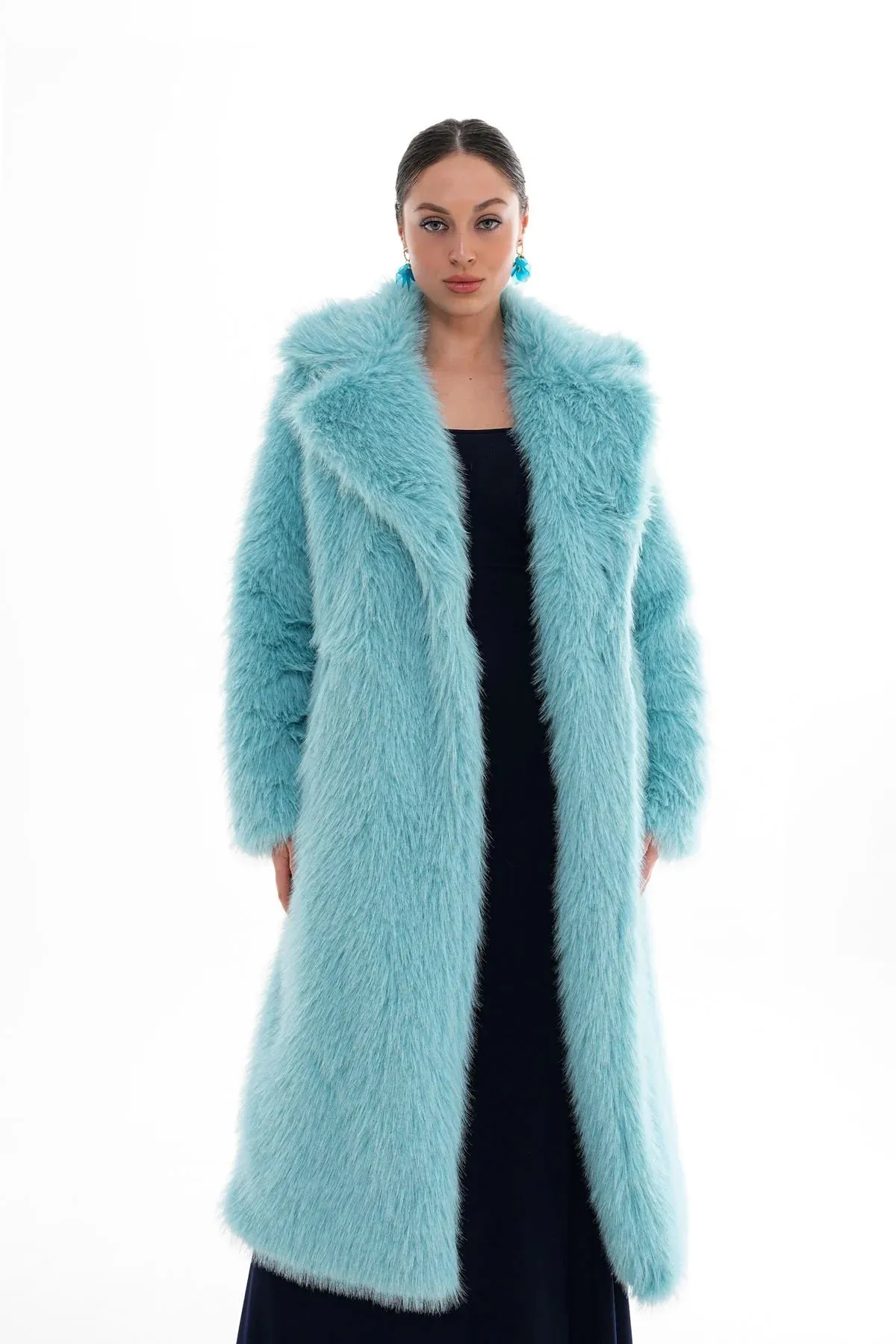 Blue Long Faux Fur Coat
