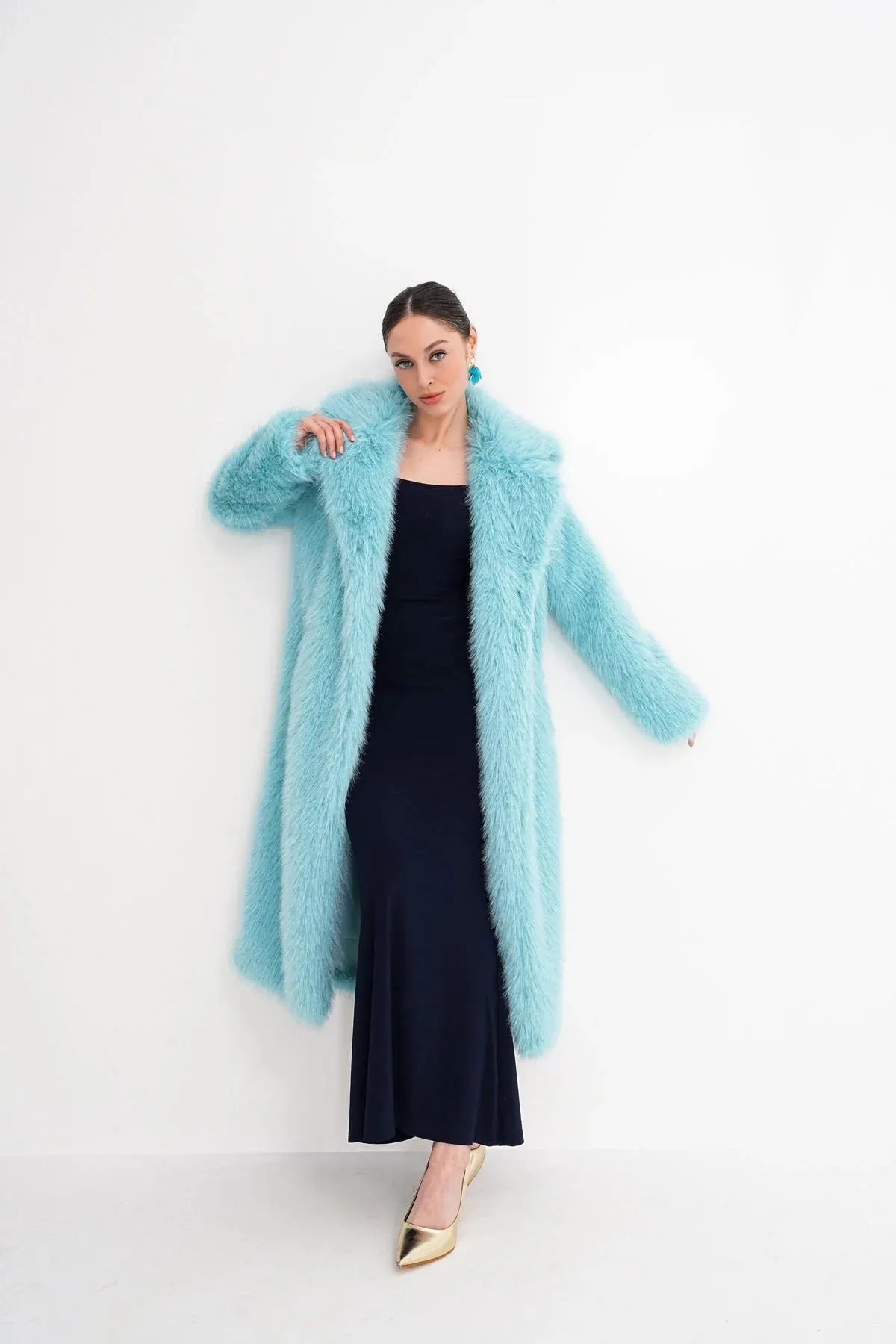 Blue Long Faux Fur Coat