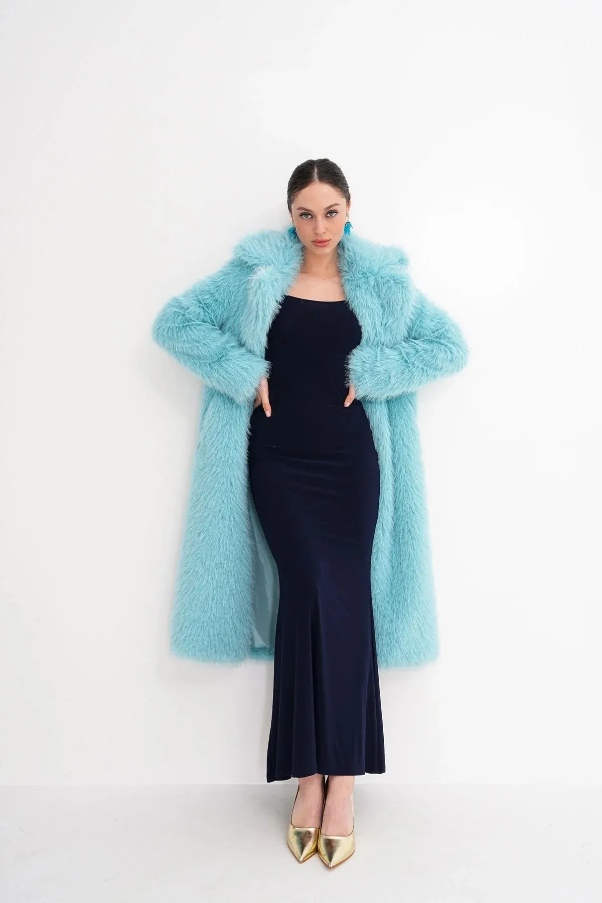 Blue Long Faux Fur Coat