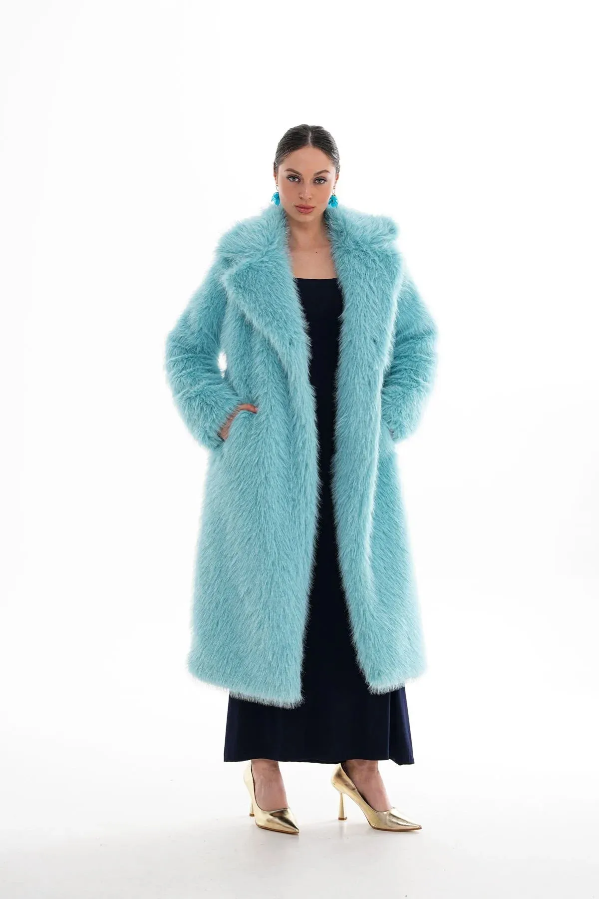 Blue Long Faux Fur Coat