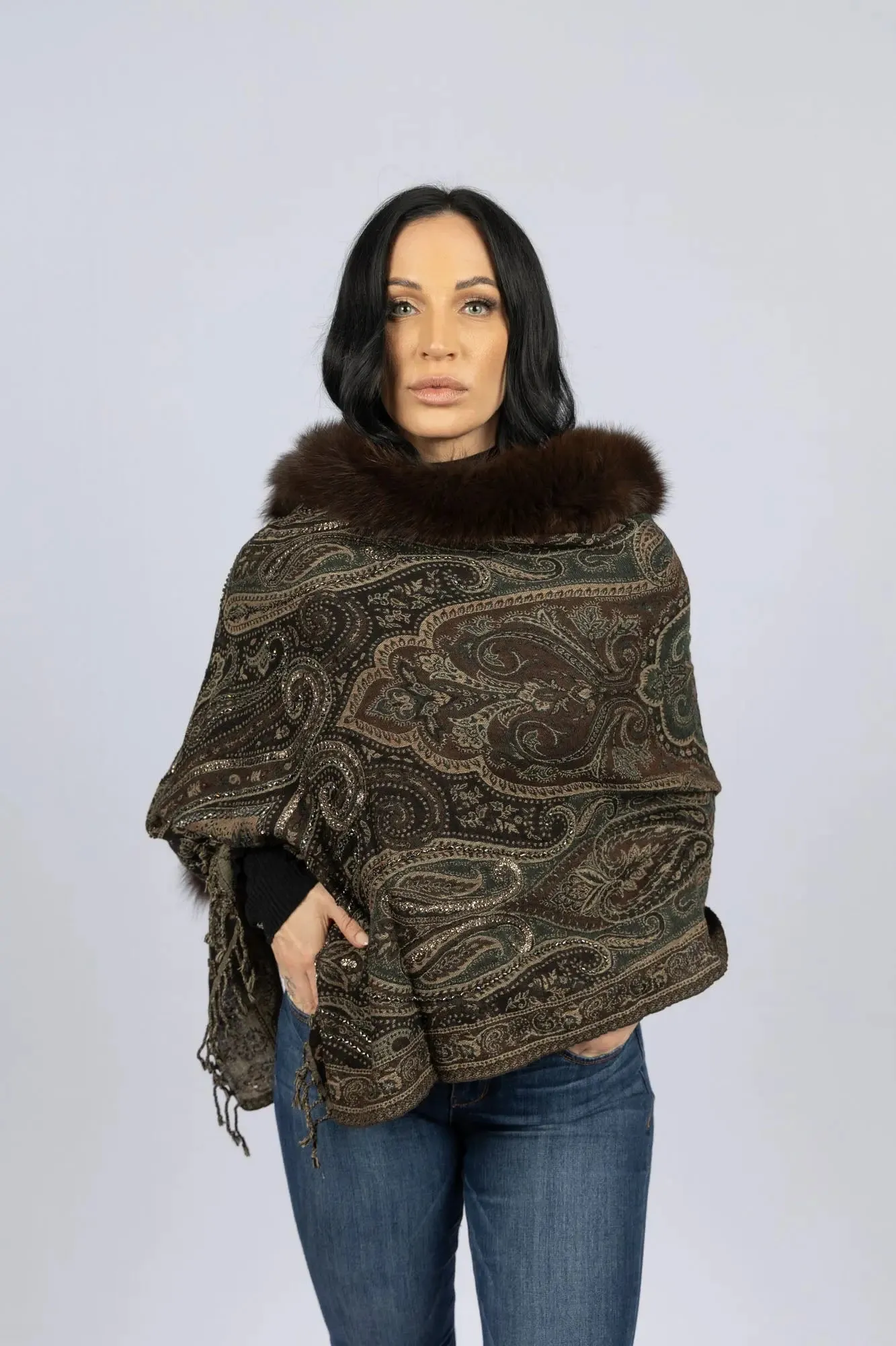 Brown Woven Shawl with Paisley Design, Crystals, Embroidery, and Fox Fur Trim