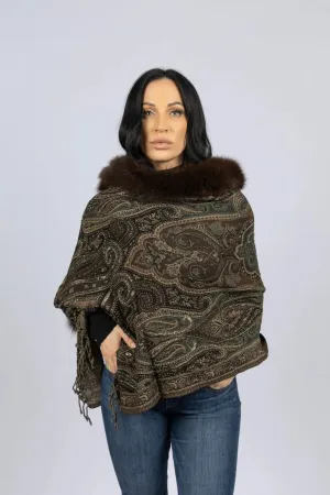 Brown Woven Shawl with Paisley Design, Crystals, Embroidery, and Fox Fur Trim