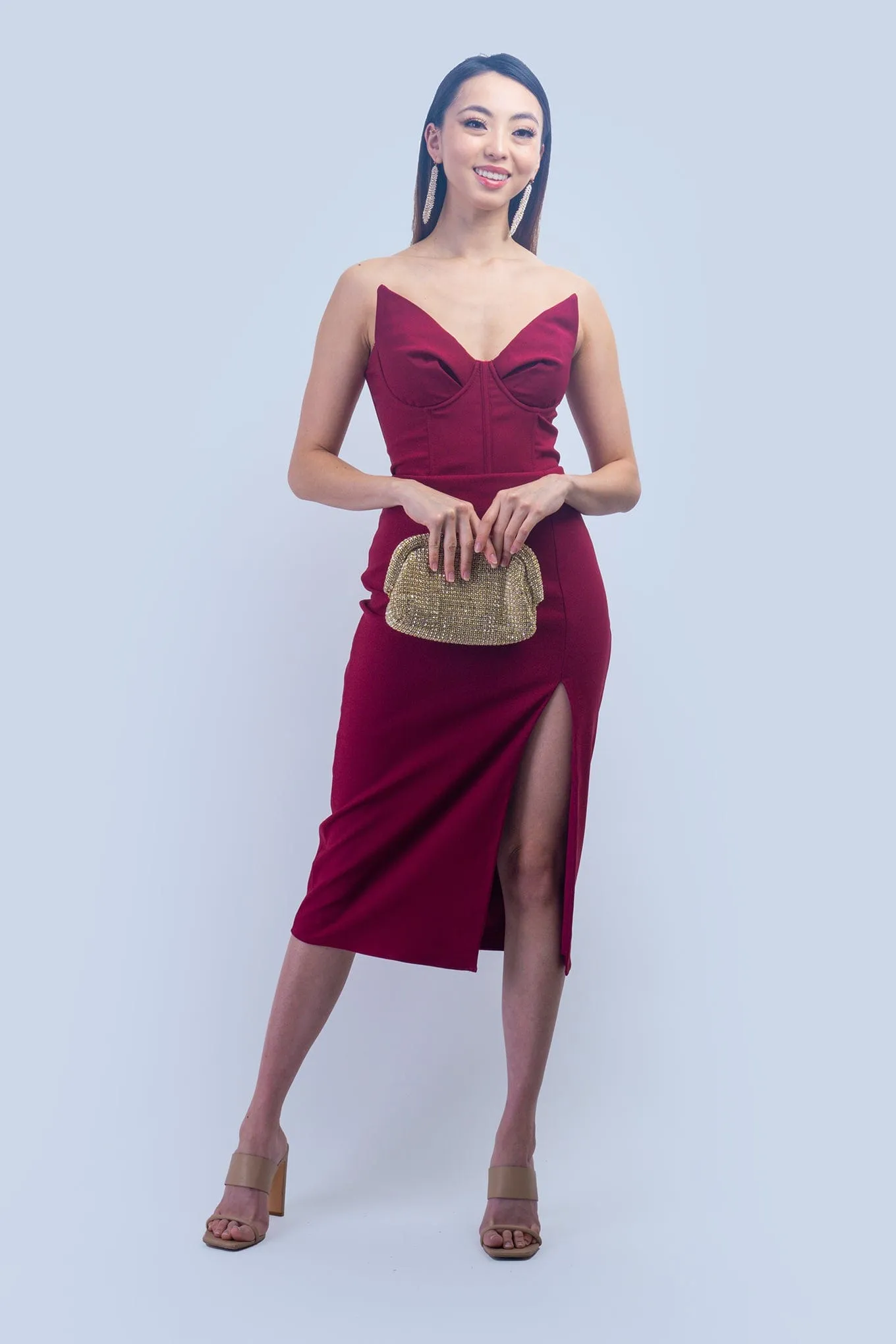 Burgundy Pointed Corset Slim Dress