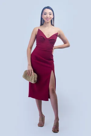 Burgundy Pointed Corset Slim Dress